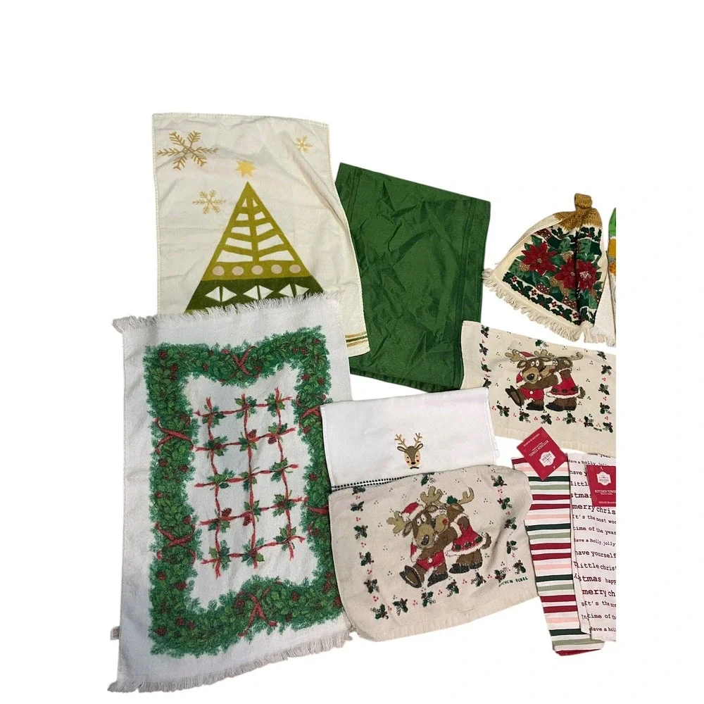 Lot 13 Vintage & Modern Christmas‎ Kitchen Towels & Table Runner Holiday Cotton